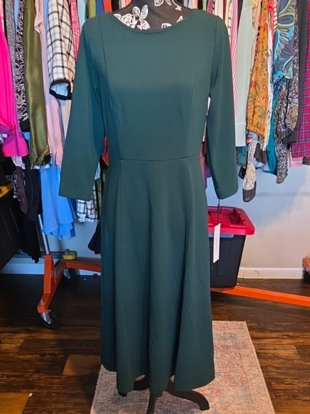 Calvin Klein Dark Green Midi Dress with Three-Quarter Sleeves